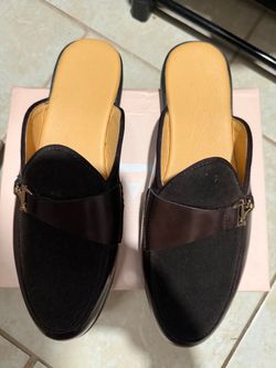 Black Suede Mule Loafers with Gold Hardware