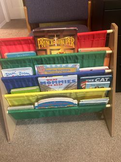 Kids book shelf with books