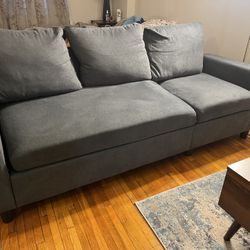 Blue-Gray 3 Seater Couch With Ottoman