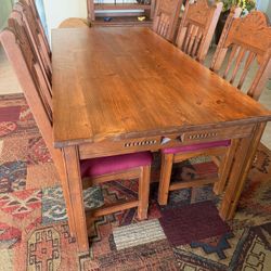 Beautiful Wood Long Table 6 Padded Chairs Hutch 