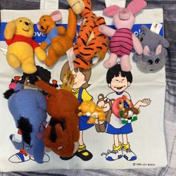 Some Small Vintage Stuffed Animals With A Vintage Joy Berry Bag