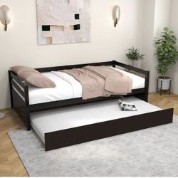 Twin Bed with Trundle, Wood Daybed Frame with Trundle, No Box Spring Needed Sofa Bed Frame, Twin Size Trundle Bed for Living Room Guest Room & Childre