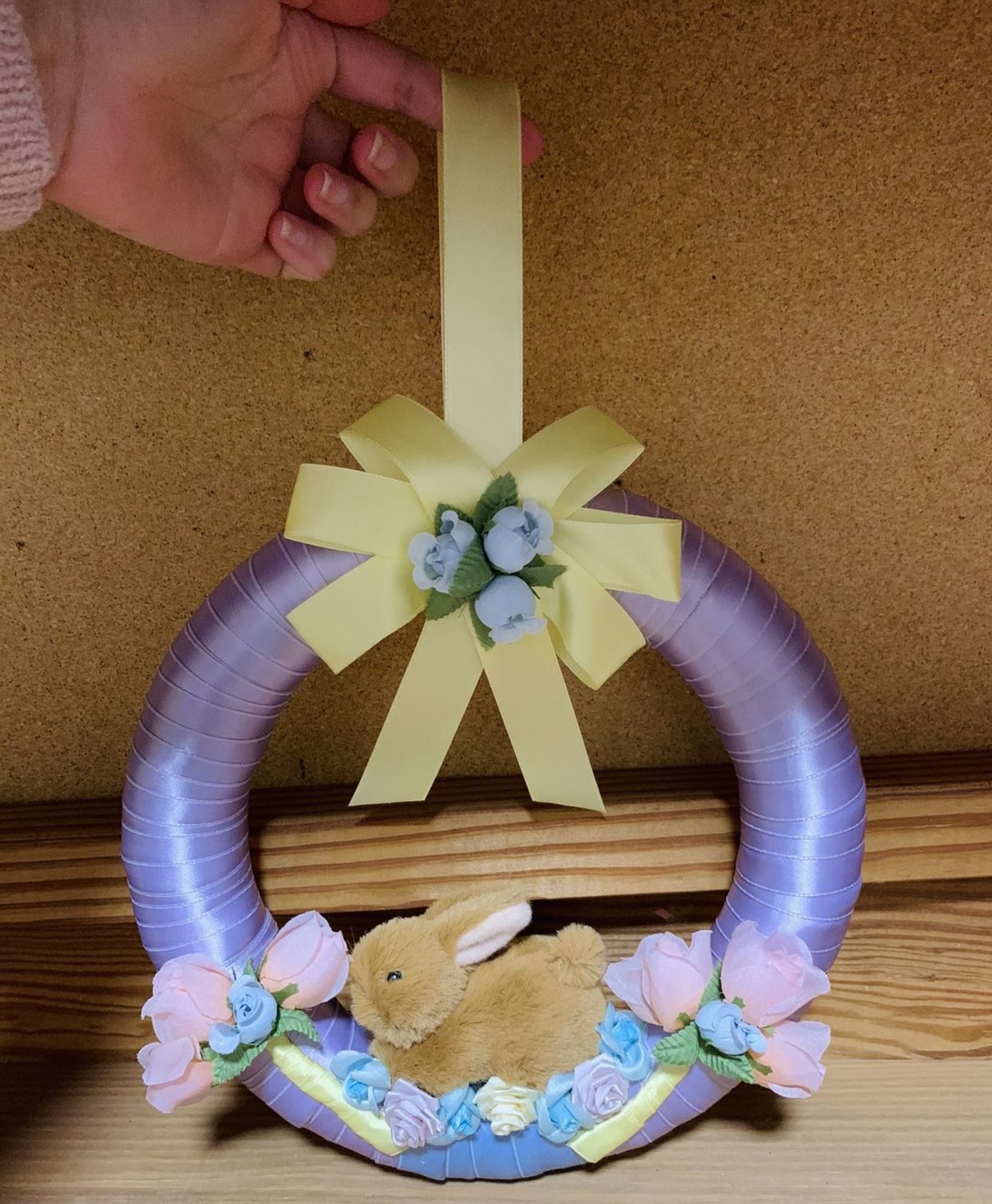 Easter wreath. Medium size for indoor decor room decoration for Easter Hunt. Fabric Ribbon, Baby Buny, Cute chick family🐥 with fabric flowers 🌸