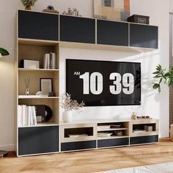 New Oak and Black TV Stand Entertainment Center Fits TVs up to 75 in. with Glass Doors, Wall Cabinet