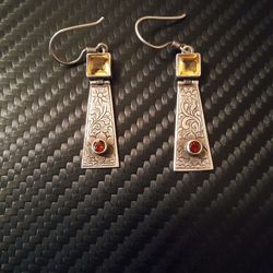 VTG 925 Sterling Silver 2" Dangle Earrings w/Champagne & Ruby Colored Gemstones