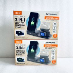 Lot Of 2 New Itek 3-in-1 Qi Wireless Charging Stand, USB-C Cable, Black