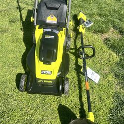 RYOBI lawn mower and string trimmer set  ONE+ 18V 13 in. Cordless Battery Walk Behind Push Lawn Mower with 4.0 Ah Battery and Charger ASK FOR PRICE WI