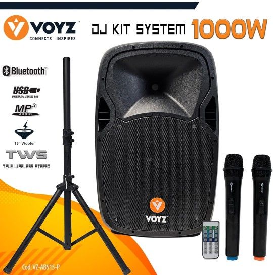 15" Bluetooth Speaker System - 1000W Portable Loudspeaker, Battery Powered, Rechargeable, USB/SD MP3 Player, Tripod Stand, 2 Wireless Mics - Karaoke R