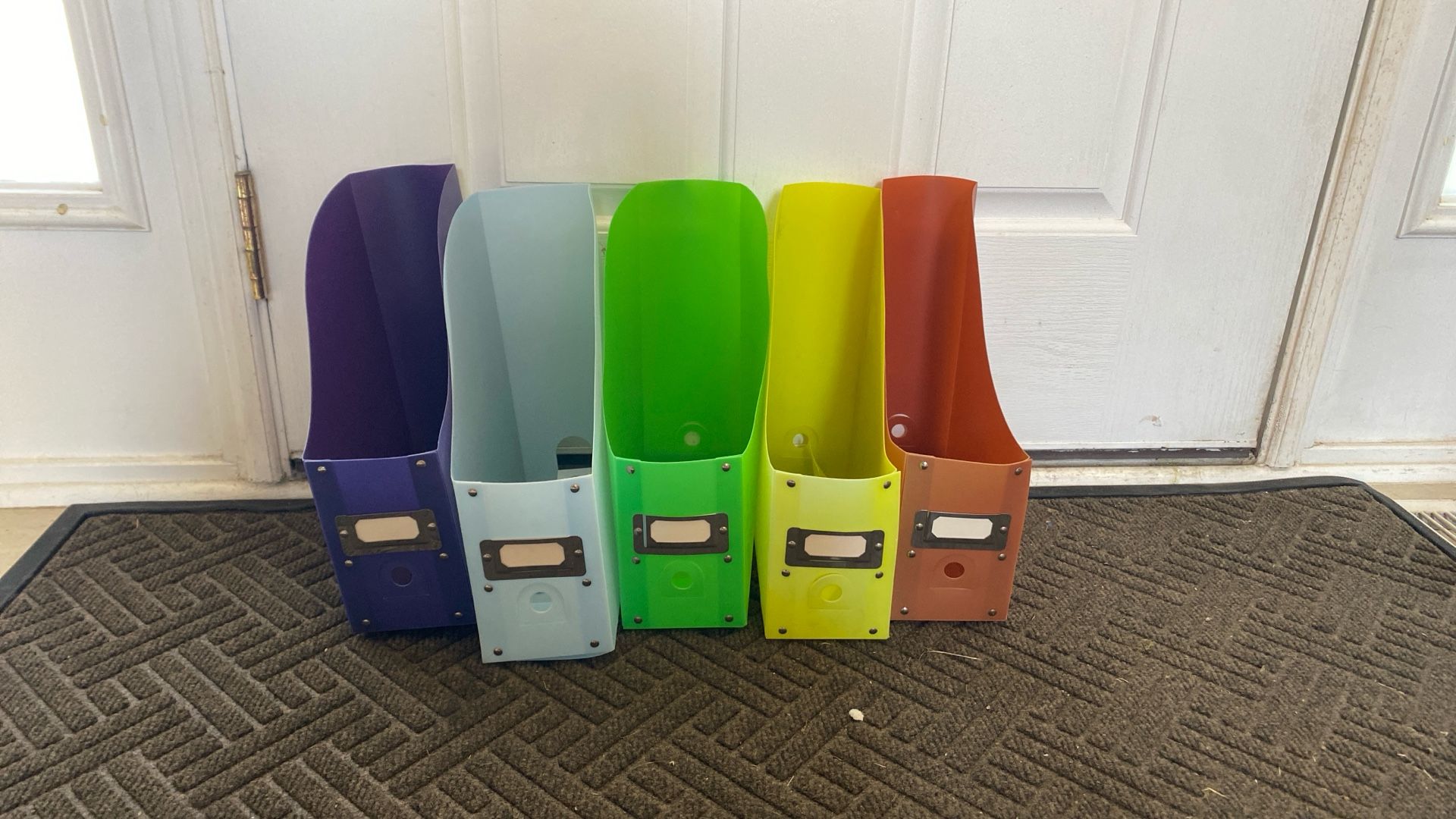 File Organizers, colorful, plastic, with labels.