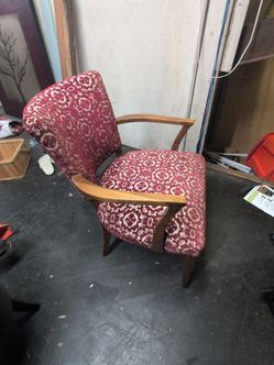 Vintage Art  Deco Style Armchair with Red Floral Upholstery