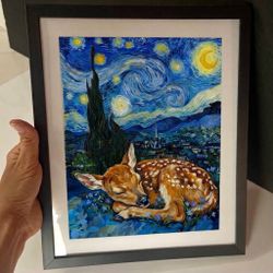Charming Van Gogh-Inspired Sleeping Fawn deer Framed Art Print 10”x12”