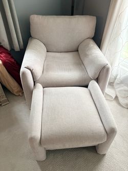 Cream Chenille Armchair with Ottoman