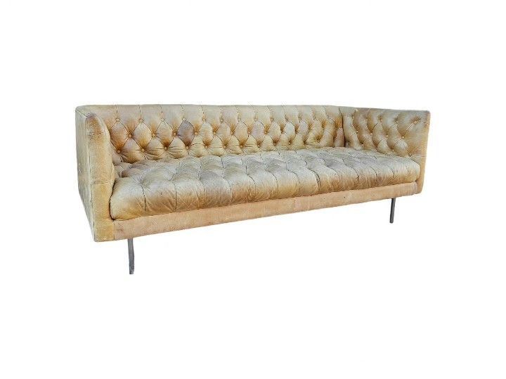 West Elm Mid-Century Modern Style Tufted Chesterfield Leather Sofa.