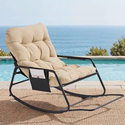 Adjustable Backrest Rocking Chair, Patio Rocking Chair with Cushion Beige, Papasan Chair with Footrest, Indoor & Outdoor Rocker Chair for Living Room,