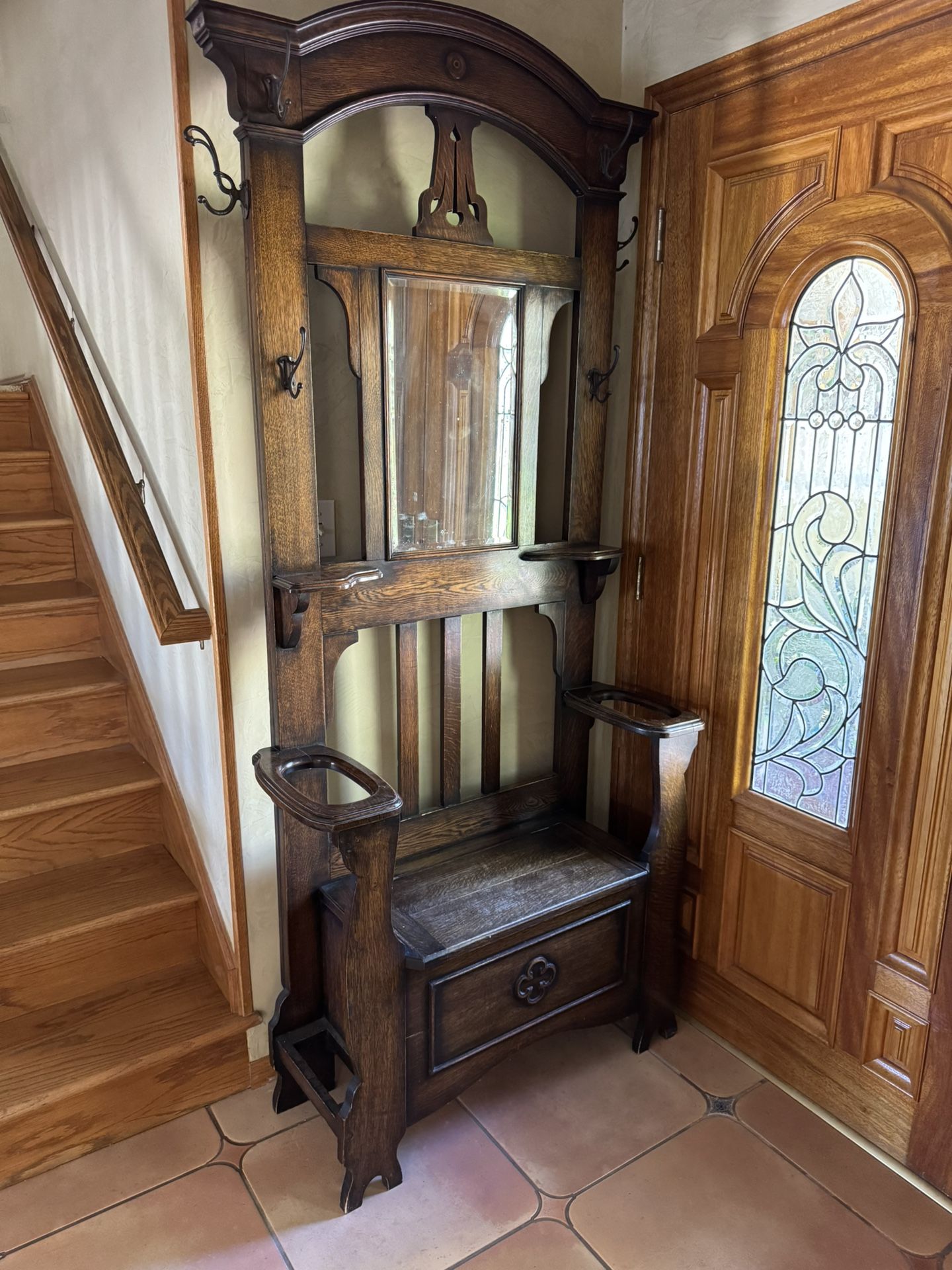 Antique-Style Solid Wood Hall Tree w/ Mirror, Hooks & Storage Bench