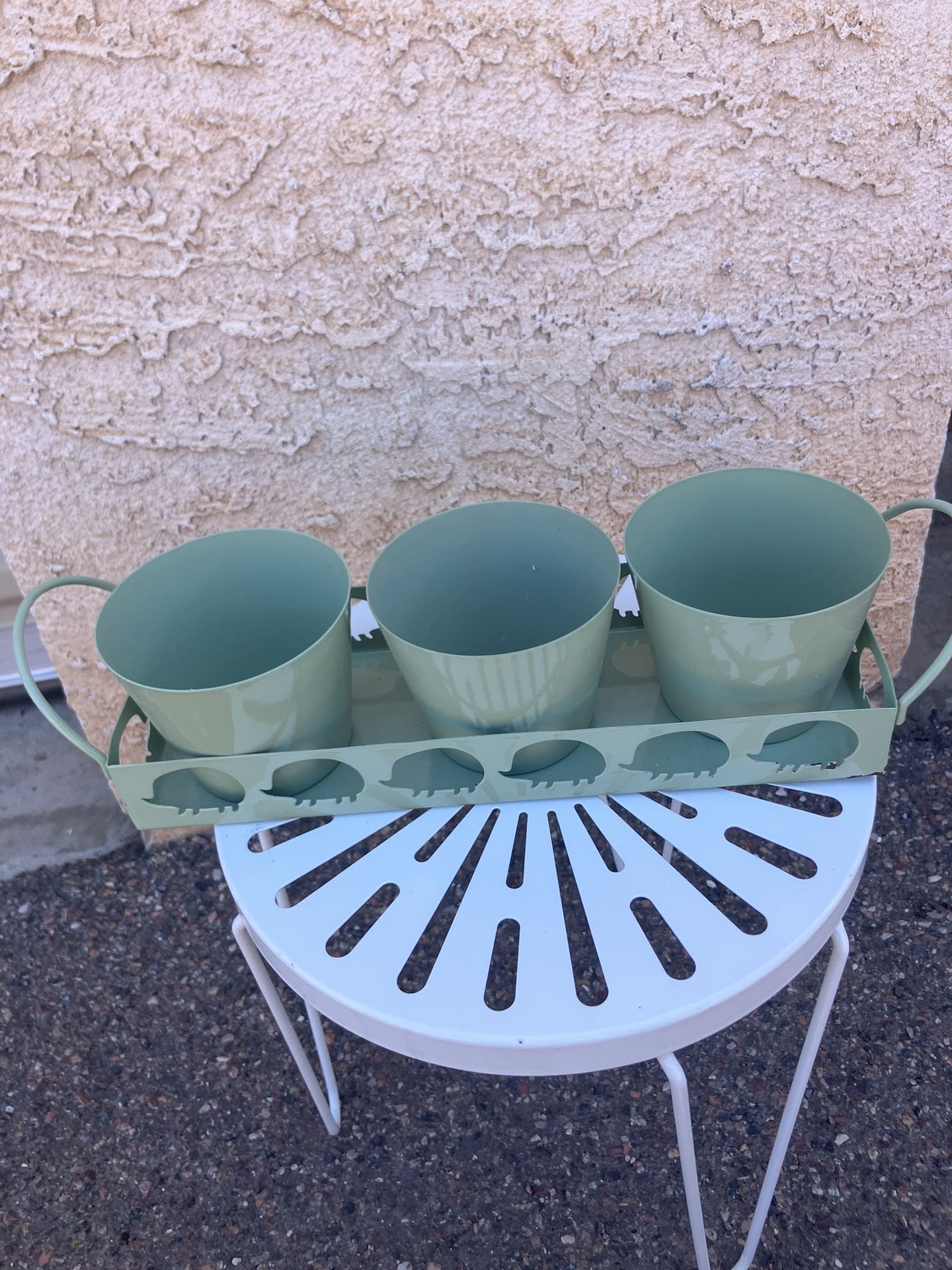Green Metal Basket With 3 Pots Window Flower Garden Patio Balcony Indoor Outdoor