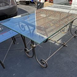 Hollywood Regency Glass Top Distressed Swirl Metal Console Table