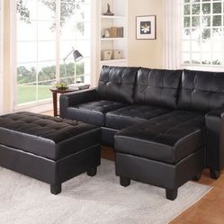 Brand New Black Bonded Leather Match Sectional Sofa With Oversized Ottoman 