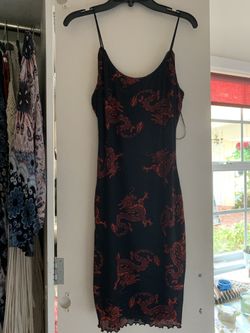 small black and red dragon print silk dress