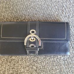 Vintage Coach SoHo Black Leather Buckle Wallet Tri Fold Y2K Silver Tone