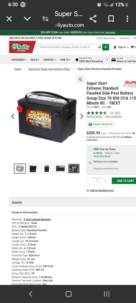 SUPER START EXTREME, 78EXT, 800 CCA, 985 CA, 12V DC POWER, SIDE POST ...