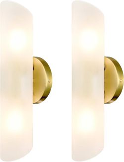 2 Pack Modern 2-Light Cylinder Frosted Glass Brass Wall Sconces, Vanity Glass Gold Light Retail $115