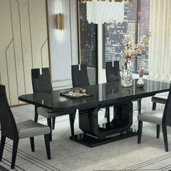 Whiteline Imports High End Dining Table High Gloss Grey With Chairs