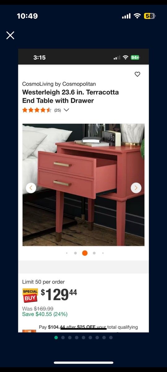 Westerleigh 23.6 in. Terracotta End Table with Drawer