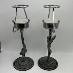 Brassbell Co. Pewter Tealight Candle Holder with Leaf Design 1996 Set 7”H 2”W