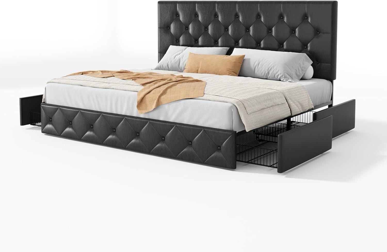 Upholstered Queen Size Platform Bed Frame with 4 Storage Drawers, Adjustable Headboard with Diamond Stitched Button Tufted Design, Wooden S