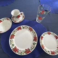48-Pc Gibson Poinsettia Holiday Dinnerware Set - Service for 8 + Glassware
