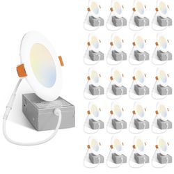 Amico 20 Pack 4 Inch 5CCT Ultra-Thin LED Recessed Ceiling Light with Junction Box, 2700K/3000K/4000K/5000K/6000K Selectable, 11W Eqv 70W, Dimmable Can