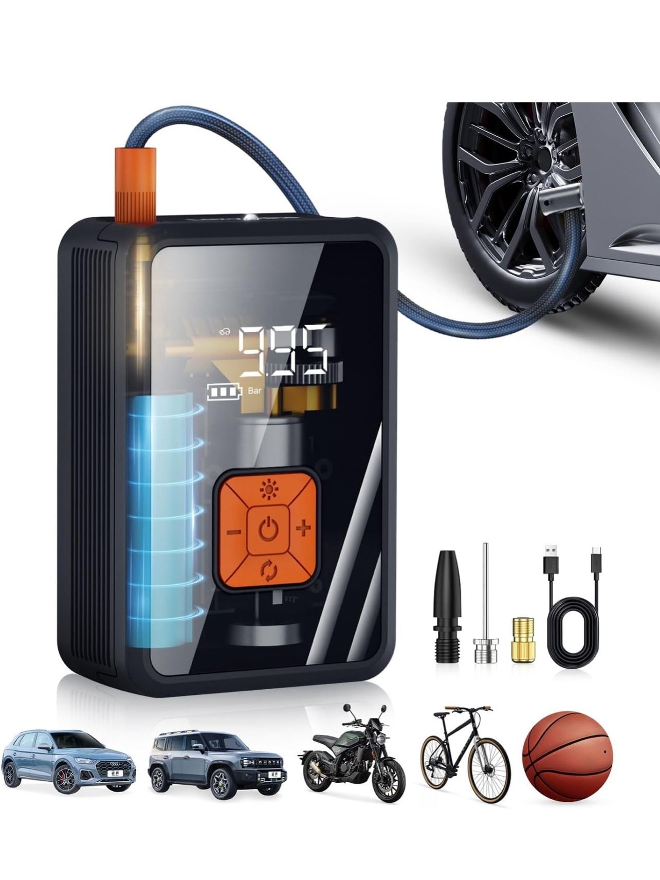 Portable Air Pump for Car Tires, 150 PSI Tire Inflator Cordless with LED Light, Rechargeable Auto Shut-off Air Compressor 2X Fast Inflation Tire Pumps