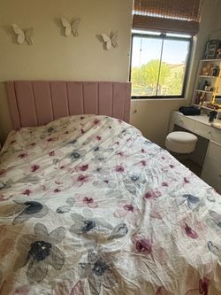 Pink Velvet Full Bed Frame – Modern Upholstered Headboard