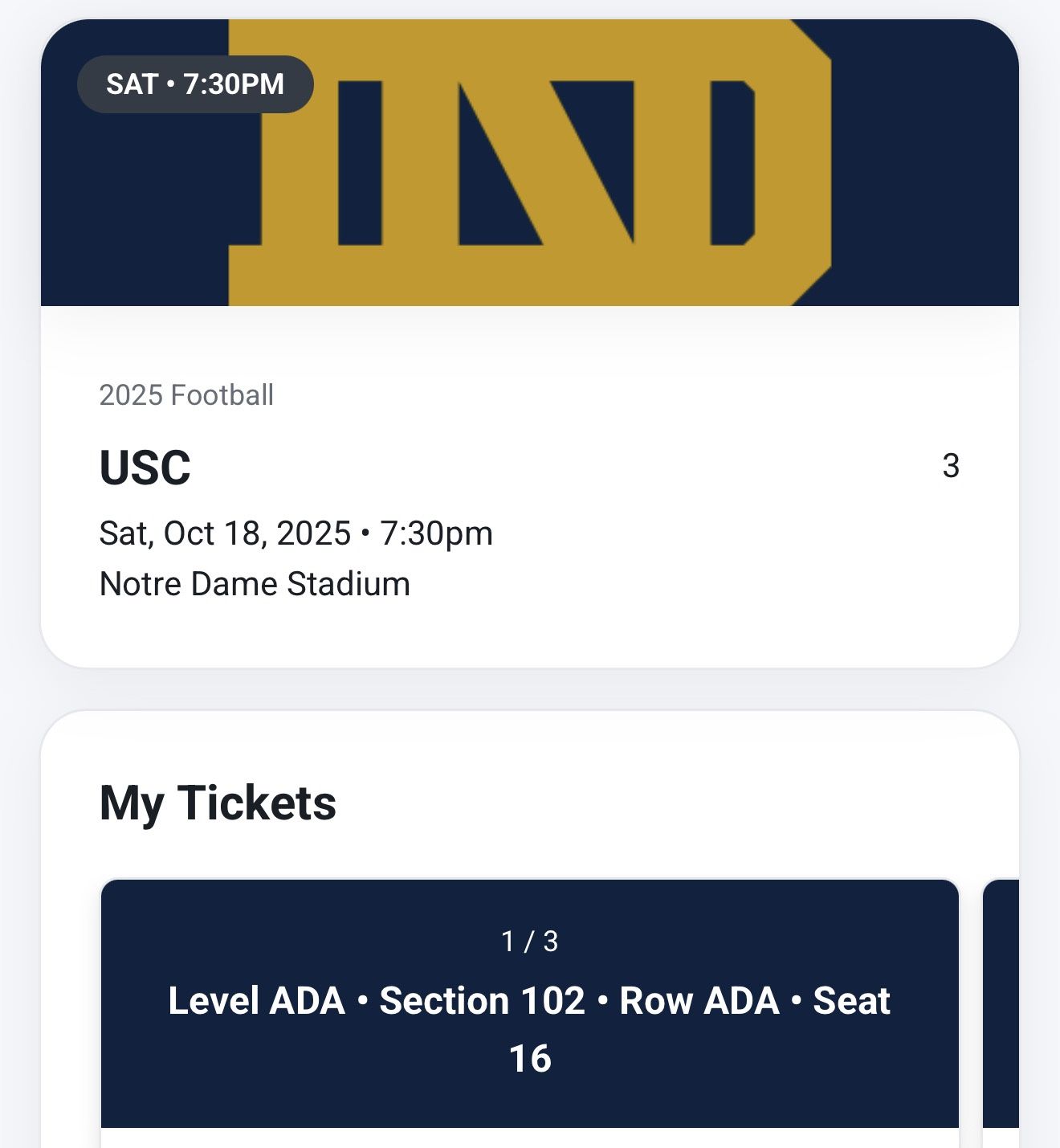 Notre Dame Versus Usc Tonight At 7:30 Pm, Three Tickets Plus Parking