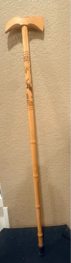 Handcraftedw Wooden Walking Cane With Carved Deer & Forest Design ax handle