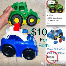 $10 For Both Large Mega Blocks Cars 🚓 🚜 Police Car & John Deere Tractor