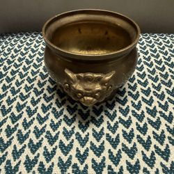 vintage solid brass container, often identified as a Chinese Foo Dog or Guardian Lion incense burner, censer, or decorative bowl