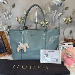 Pre-Owned Gucci Bree Tote Bag Light Blue Guccissima Patent Leather