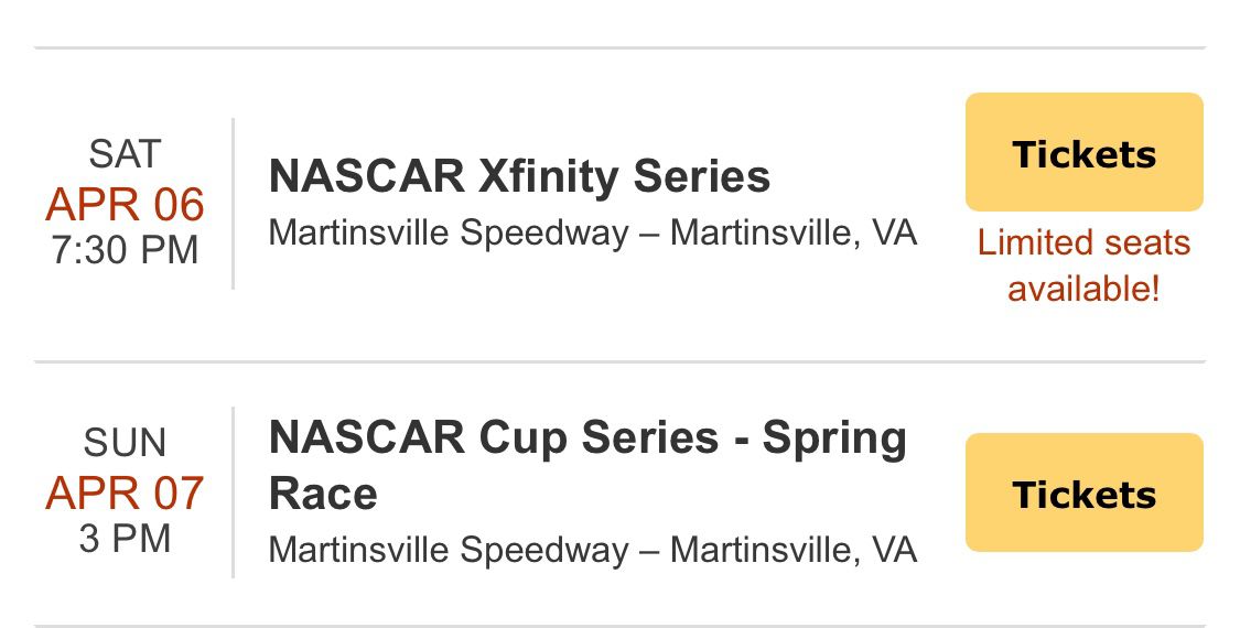 Martinsville VA Race Tickets And Xfinity Tickets
