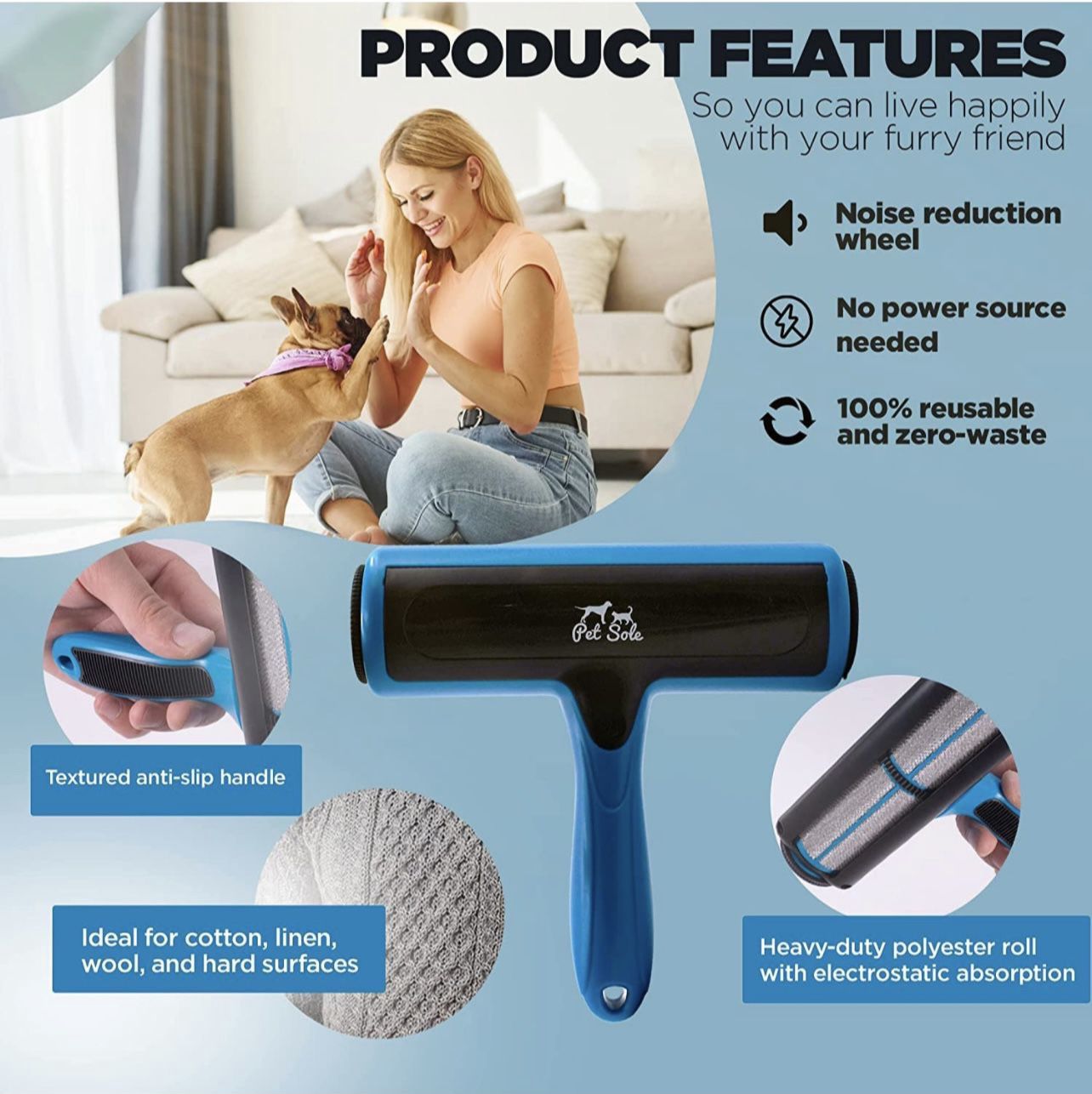 Pet Hair Roller – Reusable Lint Remover for Dog & Cat Hair – Fur Remover Tool for Furniture, Couch, Pet Bed, Car Seats, Bedding – Zero-Waste Dog Hair 