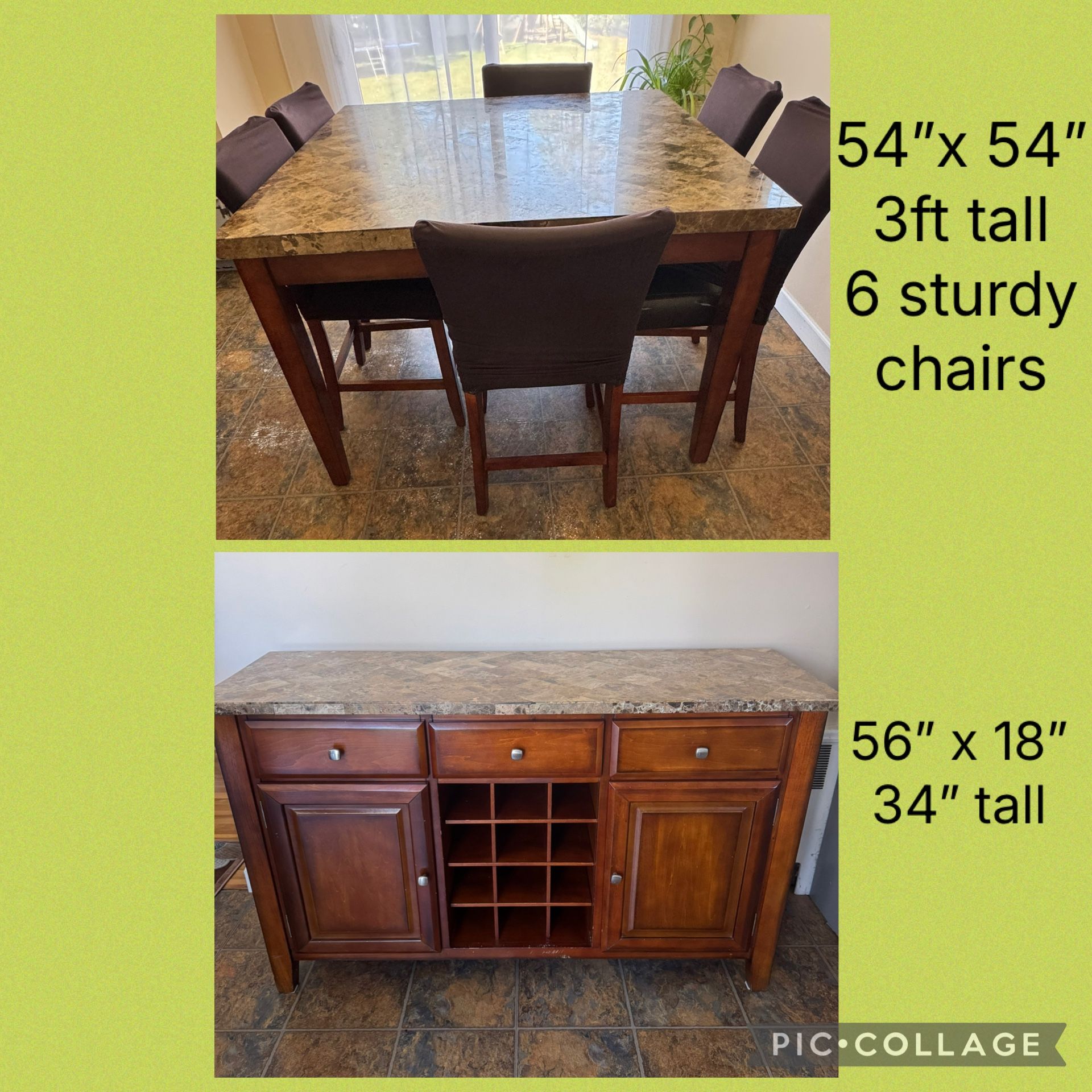 Marble Dining Table Set with 6 Chairs and Wine Storage Buffet Credenza Island