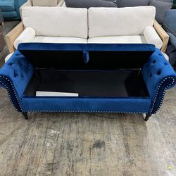 Holaki 63" Velvet Multi-functional Storage Bench Rectangular Sofa Stool Buttons Tufted Nailhead Trimmed Ottoman Solid Wood Legs with 1 Pillow, Blue