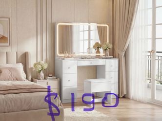 Vanity Desk with Large LED Mirror, Professional Makeup Dressing Table with 7 Drawers, Charging Station & Adjustable Lights, White