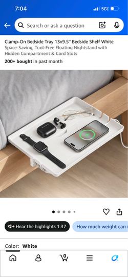 Clamp-On Bedside Tray Shelf White 13x9.5"