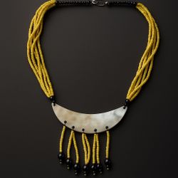 Yellow Beaded Multi-Stand  & Half Moon Shell Necklace  