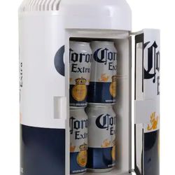 Corona 8 Can Portable Mini Fridge w/ 12V DC and 110V AC Cords, 5.4L (5.7 qt) Beer Can Shaped Personal Cooler, White, Travel Fridge for Beer, Snacks, L