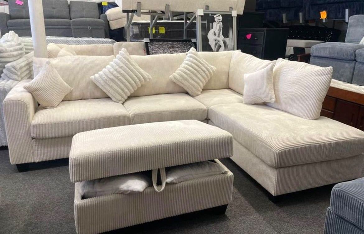 corduroy Sectional Sofa with usb charging and storage ottoman (Available For Same Day)
