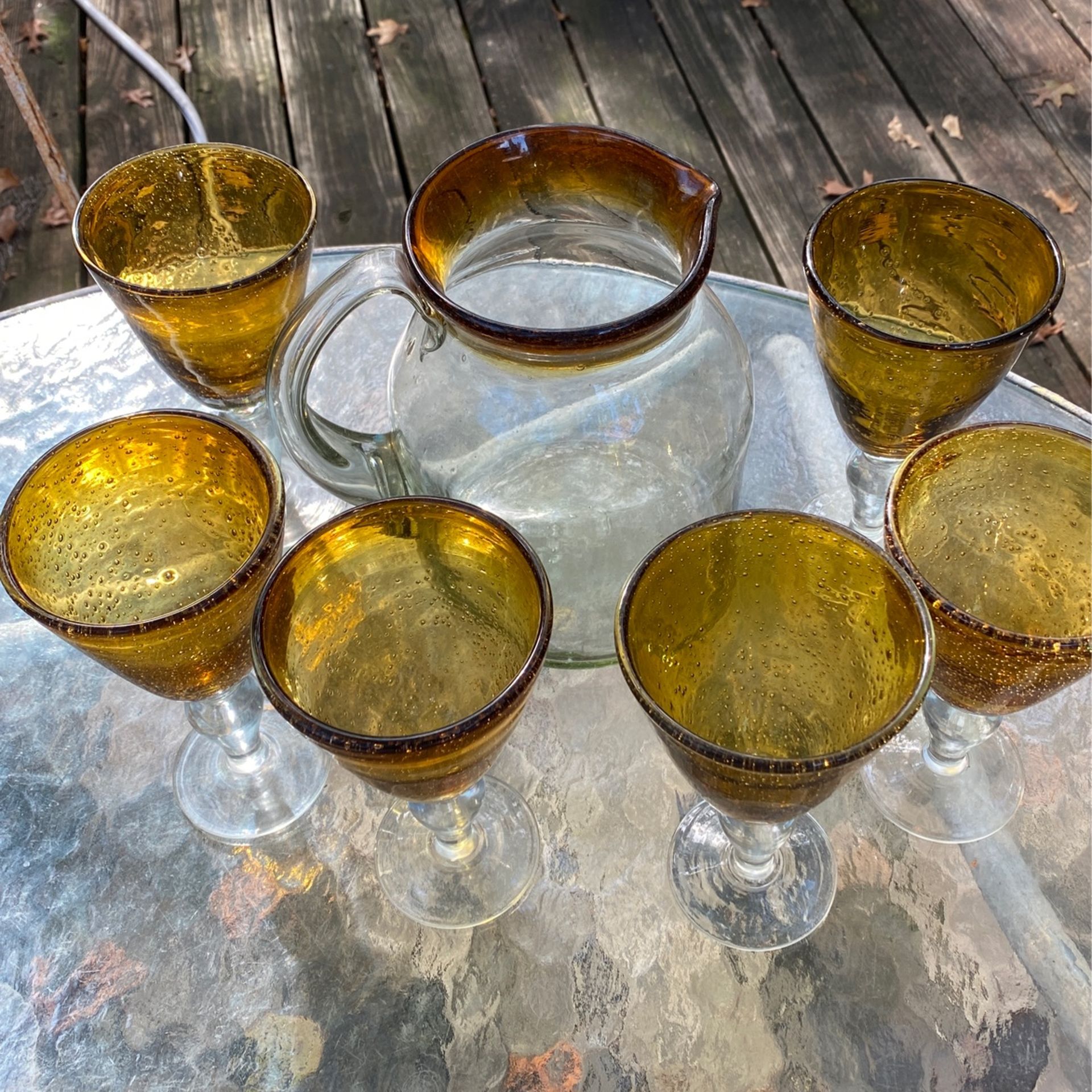 Handblown amber glass, bubble glass, Mexican glass, hand blown glass pitcher and 6 glasses