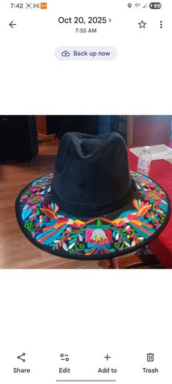 Black Wide Brim Hat with Floral Embroidery